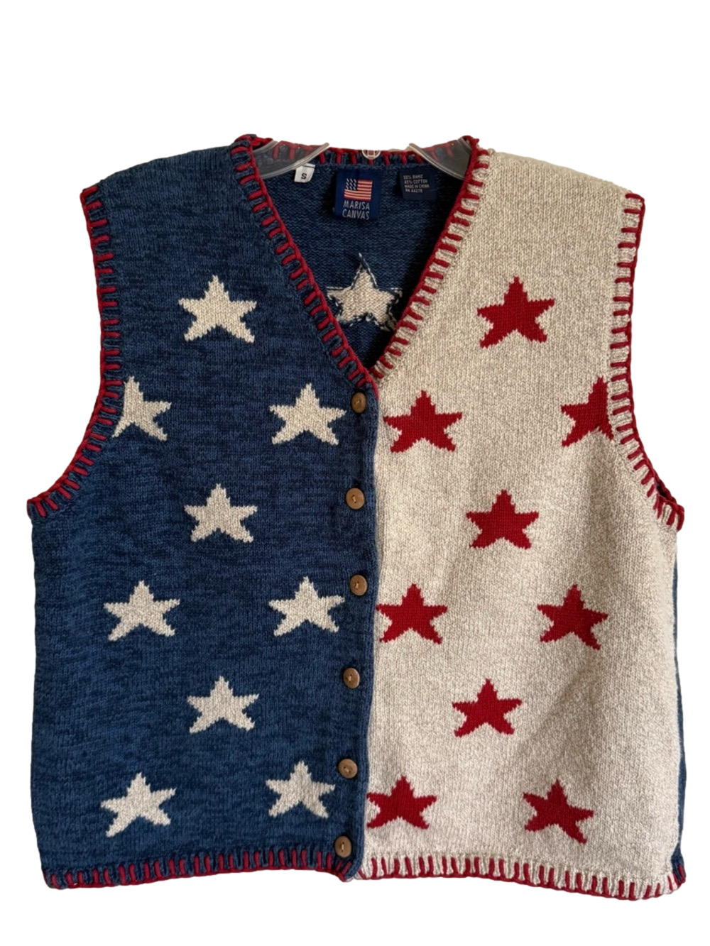 Marisa Canvas Patriotic Star Button Front Knit Vest Red White & Blue Small